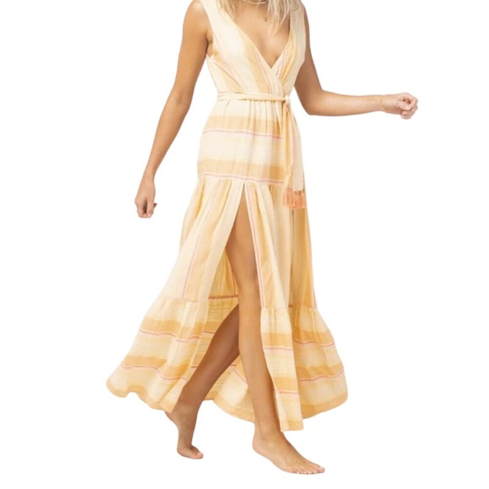 L Space Clara Maxi Dress‎ Yellow Gold Stripe Sleeveless Tie Waist XL Boho NWT